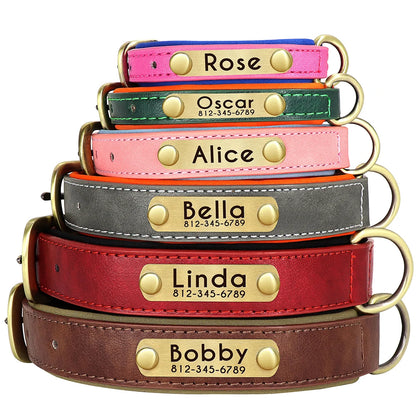 "Personalized Padded Leather Dog Collar - Custom Engraved Nameplate".